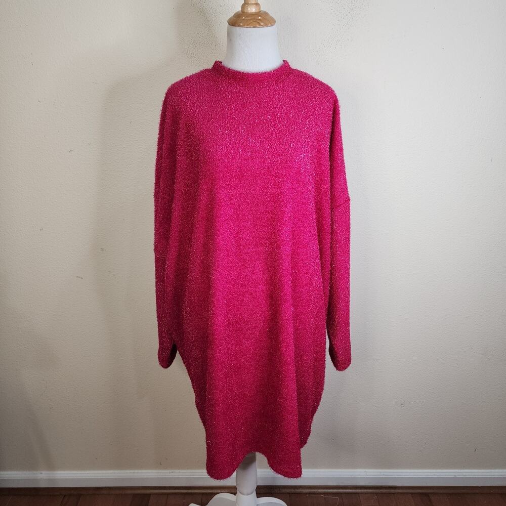 H&M Pink Sparkly Glitter Dolman Sleeve Mini Sweater Dress Size Large Party NEW